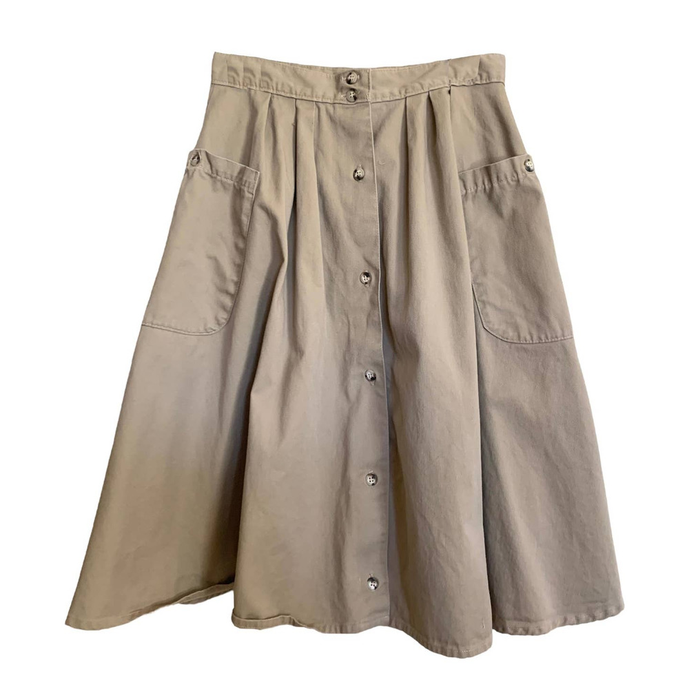Vintage 80s Osh Kosh Utility High Waisted Tan Khaki Cotton Circle Midi Skirt